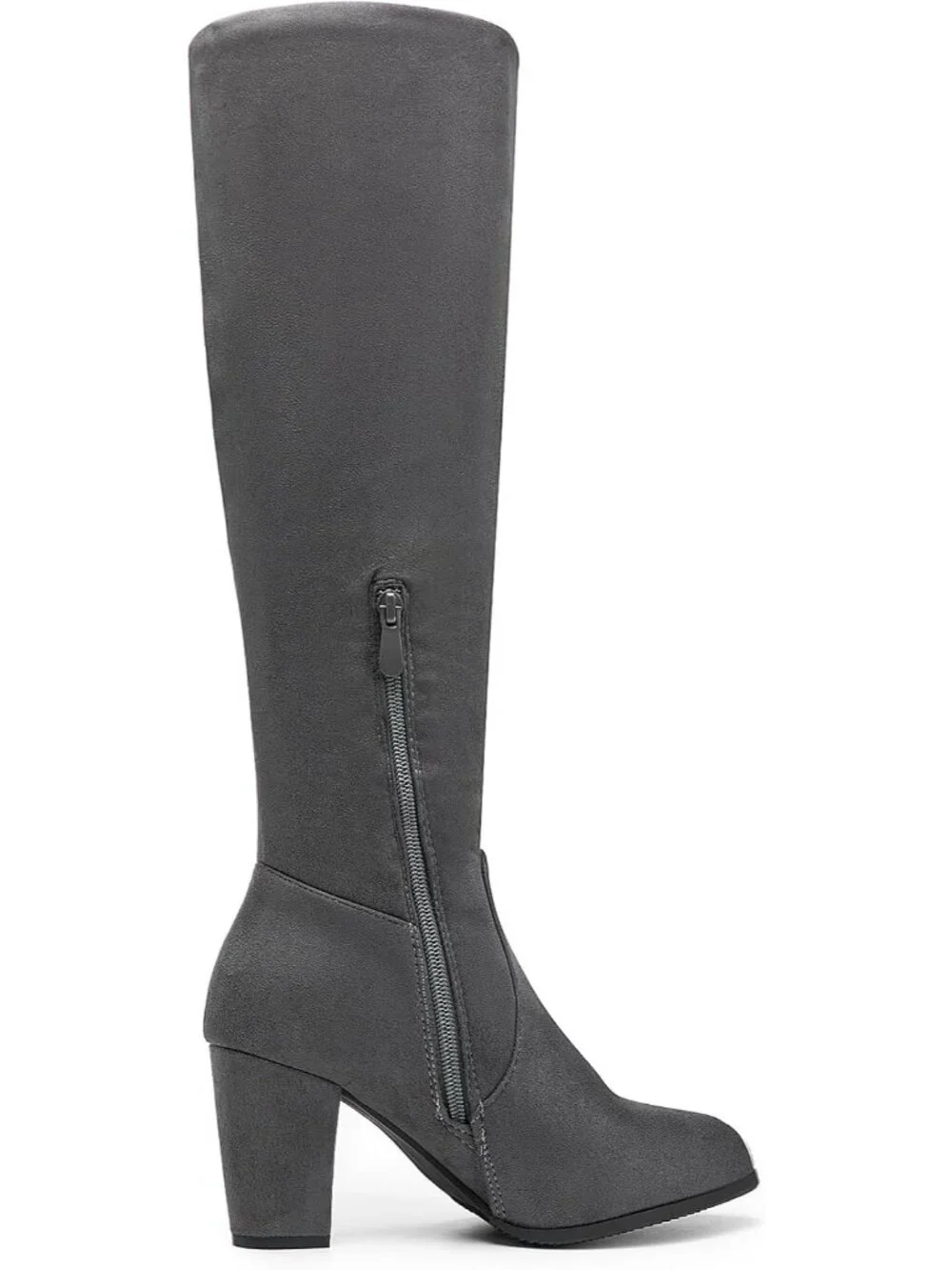 Women's Grey Faux Fur Lined Square Toe Side Zipper Knee High Riding Boots